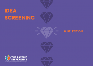 Idea screening and selection: five diamonds, one glowing brighter than the rest