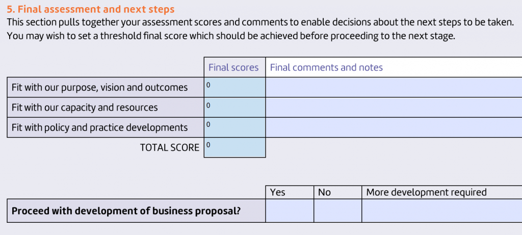 A table: final scores and comments for: Fir with vision purpose and outcomes Capacity and resources Policy and practice developments