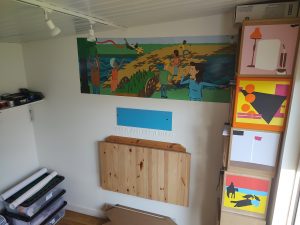 Graeme's studio with drop leaf desk and record storage boxes