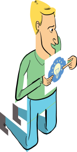Someone kneels, holding and pointing to a picture of a lightbulb